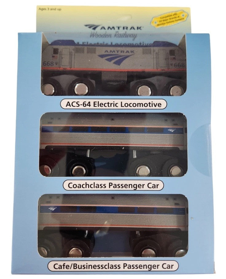 Wooden Amtrak Train Northeast Regional ACS-64 3 Car Set Compatible W/Others