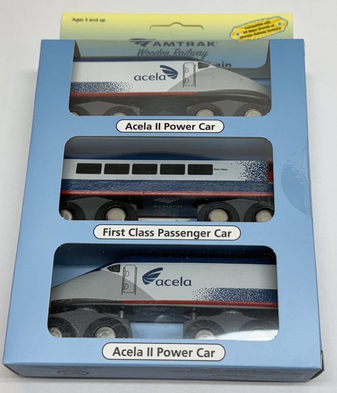 Wooden Amtrak Nextgen Acela Bullet Train 3 Car Set Compatible W/Other Trains