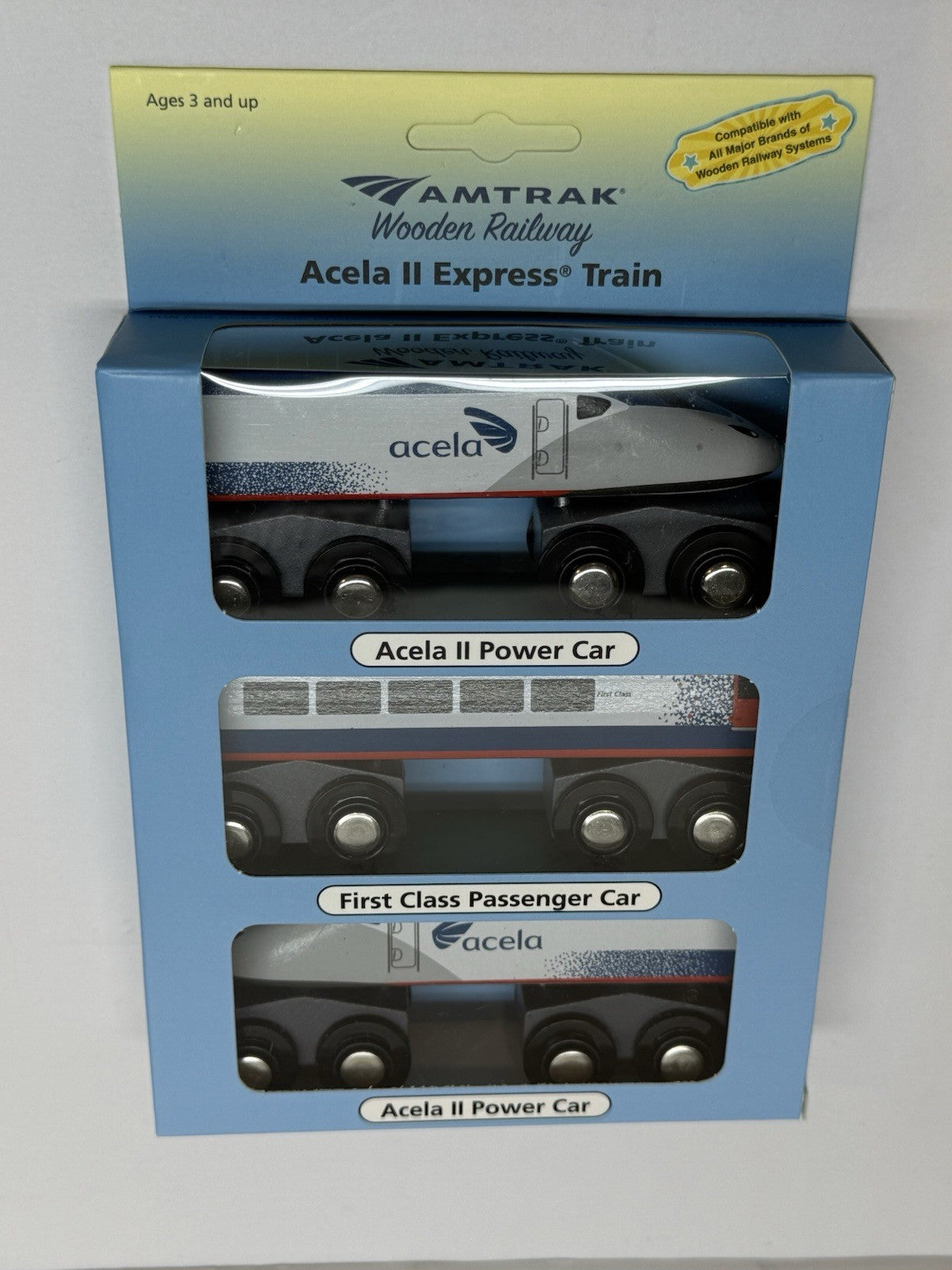 Wooden Amtrak Nextgen Acela Bullet Train 3 Car Set Compatible W/Other Trains