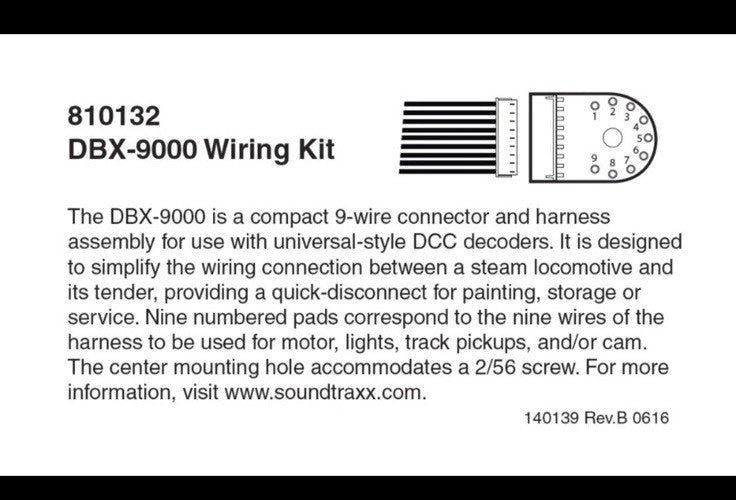 Soundtraxx DBX-9000 Locomotive to Tender Wiring Kit Quick Connect Harness 810132