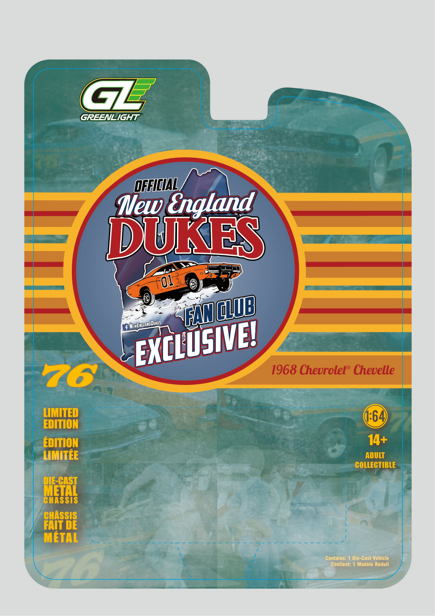 WHOLESALE CASE 12 CARS 1:64 1968 Chevy Chevelle #76 Race Car New England Dukes Exclusive Greenlight